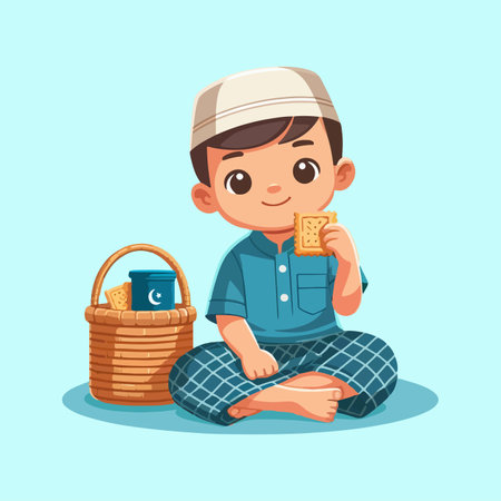 cute muslim boy eating cookie while sitting on the carpet cartoon vector illustrationのイラスト素材
