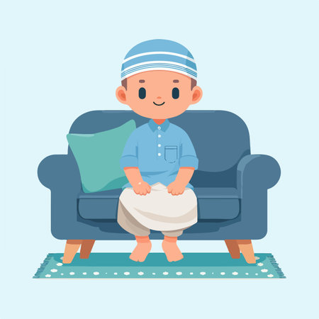 cute muslim little boy sitting on sofa cartoon vector illustrationのイラスト素材