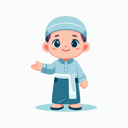 cute little muslim boy waving hand cartoon vector illustrationのイラスト素材