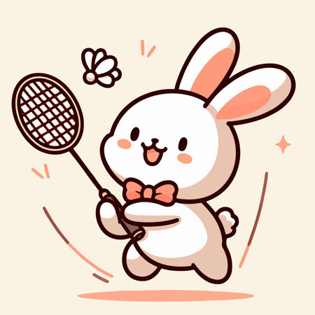 sport animal cute bunny playing badminton with net racket vector illustrationのイラスト素材