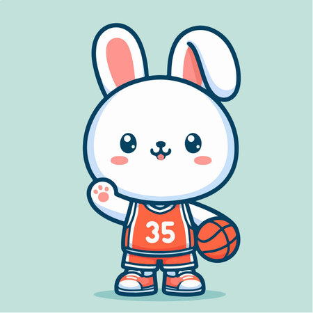 sport animal cute bunny wearing a sports uniform carrying a basketball waving hand vector illustrationのイラスト素材