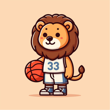 sport animal cute lion wearing a sports uniform carrying a basketball vector illustrationのイラスト素材
