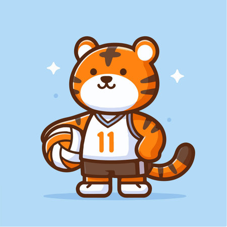 sport animal cute tiger basketball player carrying a ball wearing a jersey vector illustrationのイラスト素材
