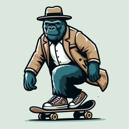 sport animal cool gorilla on skateboard wearing hat, suit, shoes vector illustrationのイラスト素材