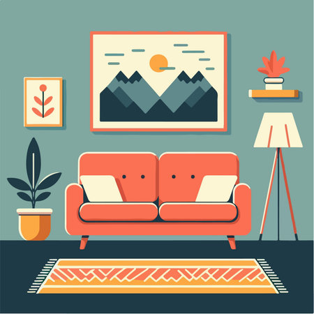 flat design illustration of retro lounge decor with sofa, houseplants, landscape painting, classic lamp and wall shelfのイラスト素材