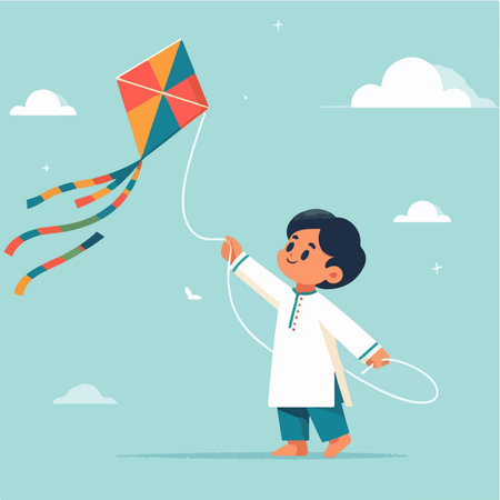 happy little boy playing colorful kite cartoon character illustrationのイラスト素材
