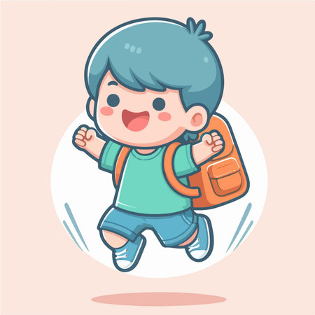 happy boy carrying backpack to school cartoon character illustrationのイラスト素材