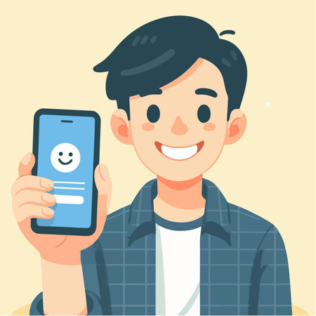 young man holding a mobile phone front view cartoon character illustrationのイラスト素材
