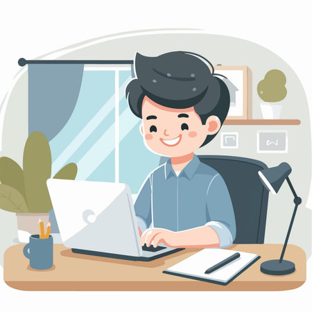 young man working on a laptop with passion cartoon character illustrationのイラスト素材