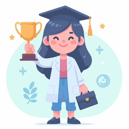 beauty girl feeling happy to graduate with trophy cartoon character illustrationのイラスト素材