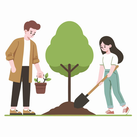 brother and sister are planting plants in the garden cartoon character illustrationのイラスト素材