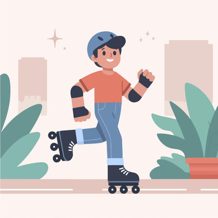 young man riding roller skates in a city park cartoon character illustrationのイラスト素材