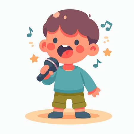 happy little boy singing confidently cartoon character illustrationのイラスト素材