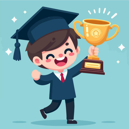 young man raises the graduation trophy with pride cartoon character illustrationのイラスト素材