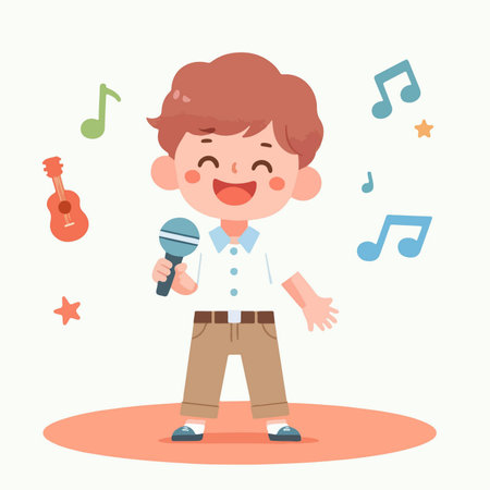 little boy singing happily cartoon character illustrationのイラスト素材
