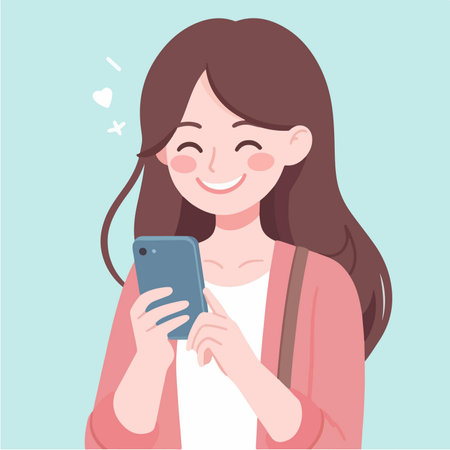 beautiful girl smiles happily looking at her mobile phone cartoon character illustrationのイラスト素材