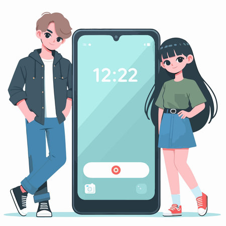 cute young couple standing between mobile phone cartoon character illustrationのイラスト素材
