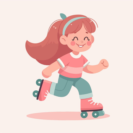 beauty girl playing roller skates happily cartoon character illustrationのイラスト素材