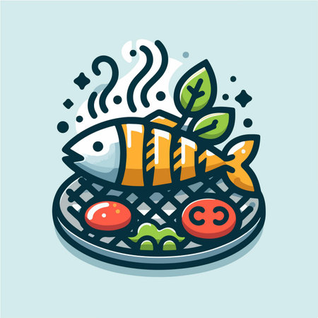 grilled fish on a plate cartoon illustrationのイラスト素材