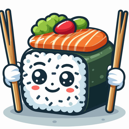 illustration of a cartoon sushi character mascot holding chopsticksのイラスト素材
