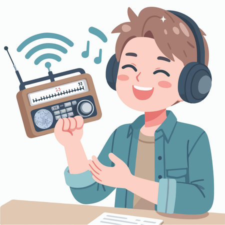 flat design illustration of a happy young man listening to the radioのイラスト素材