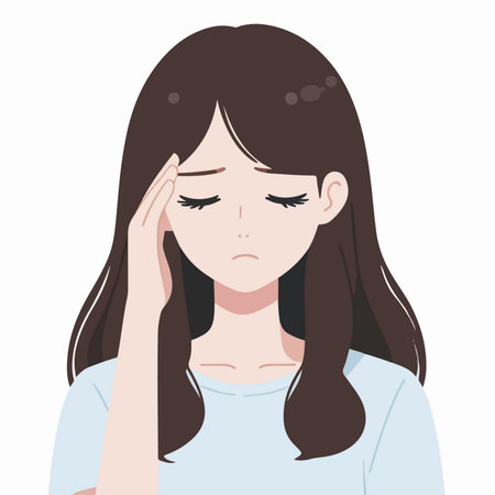 flat design illustration of girl feeling dizzy, holding her headのイラスト素材