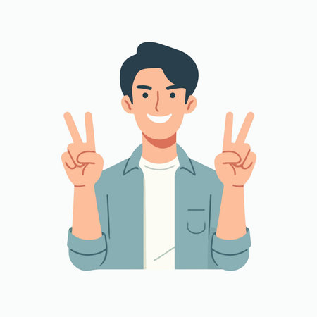 flat design illustration of a teenage expression in a smiley pose with two fingersのイラスト素材