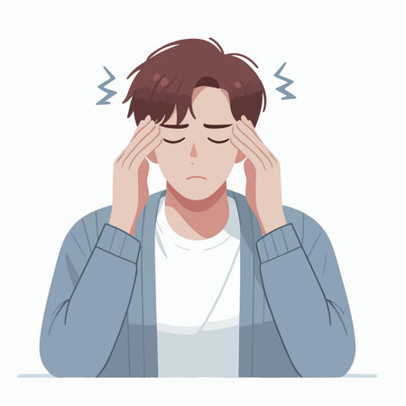 Cartoon flat design illustration depicts a young man suffering from a headache, holding his head in discomfort, disrupting his concentrationのイラスト素材