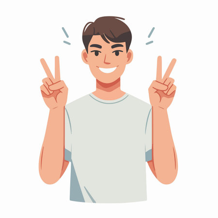 flat design illustration of the expression of a smiling young man in a two finger hand poseのイラスト素材