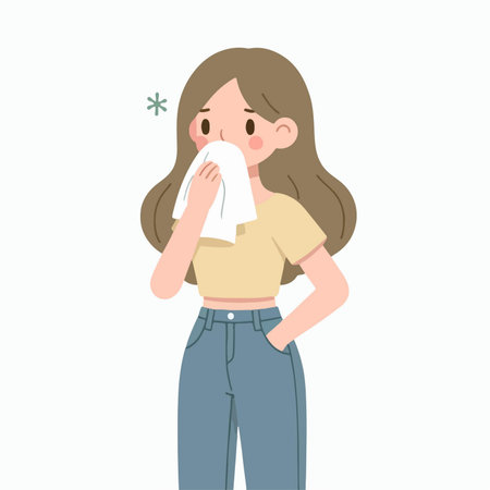 flat design illustration of a girl sneezing and covering her mouth with a tissue prevents spreading viruses and bacteriaのイラスト素材