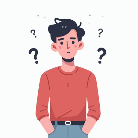 flat design illustration of a young man with a dilemma expression of choosing with full of question marksのイラスト素材