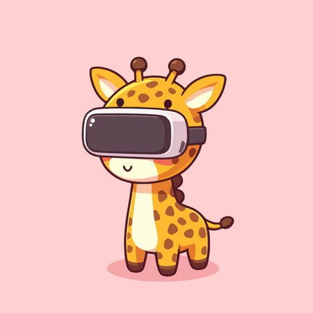 Giraffe in Tech, Flat Design Illustration of Giraffe Engaging in Virtual Reality Experienceのイラスト素材