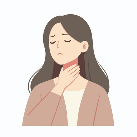 flat design illustration of girl having neck pain, hand holding neckのイラスト素材
