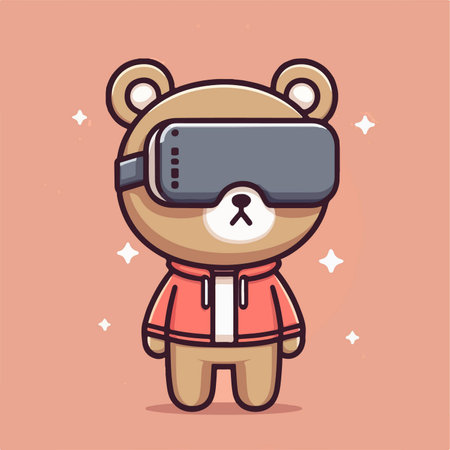 cute cartoon flat design featuring a bear standing and enjoying virtual reality technology, perfect for animal-tech enthusiastsのイラスト素材