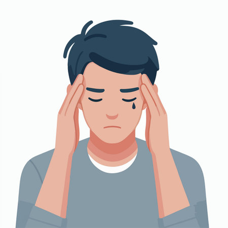 Flat cartoon illustration portraying a young man experiencing a headache, clutching his head in discomfort, emphasizing health concernsのイラスト素材