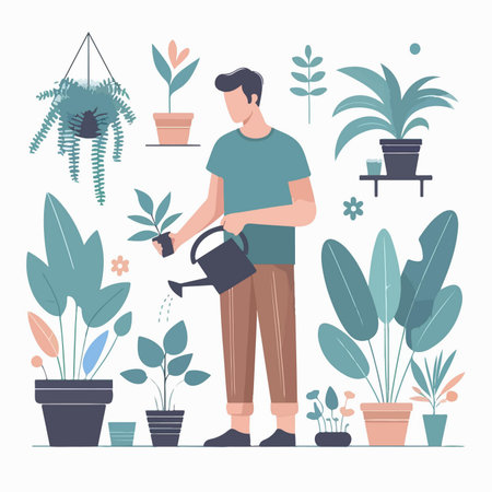 cartoon of a man watering a collection of houseplants in flat design styleのイラスト素材