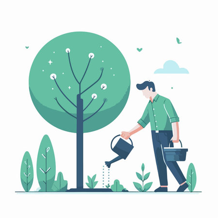 cartoon man gardening watering plant seeds in flat design styleのイラスト素材