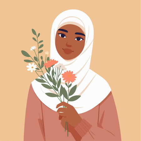 cartoon of a black Muslim woman holding a bunch of flowers in flat design styleのイラスト素材