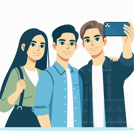 cartoon of a youth group taking selfie with a smartphone in a flat design styleのイラスト素材