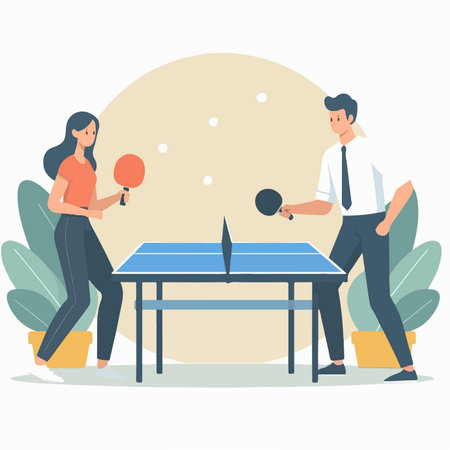 cartoon man and woman playing table tennis sport in flat design styleのイラスト素材