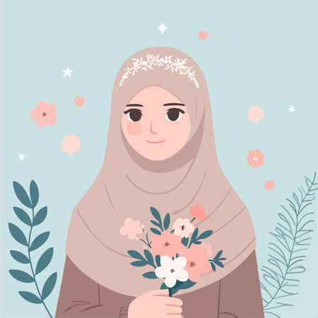 cartoon of a Muslim woman with a bunch of flowers in flat design styleのイラスト素材