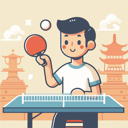 cartoon of a boy practicing table tennis in flat design styleのイラスト素材