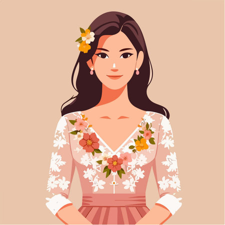 portrait of pretty girl wearing flower print dress in flat design styleのイラスト素材