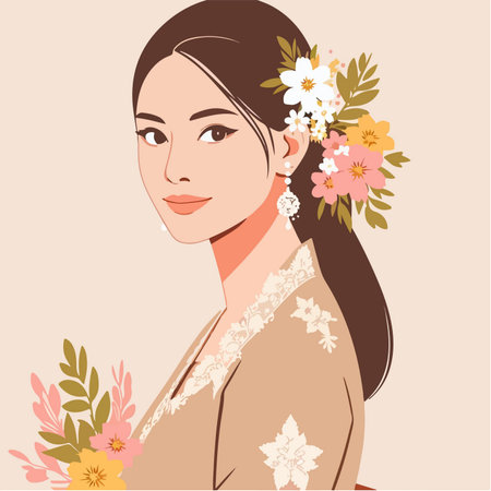 charming girl with flowers to celebrate kartini day in flat design styleのイラスト素材