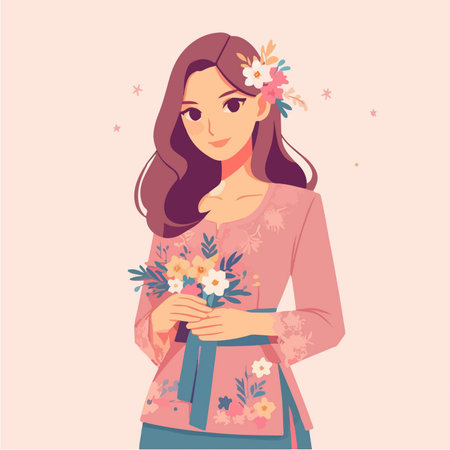Pretty girl holding a bunch of flowers in pink dress in flat design styleのイラスト素材