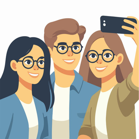 cartoon group of teenagers wearing glasses taking selfie with smartphone in flat design styleのイラスト素材