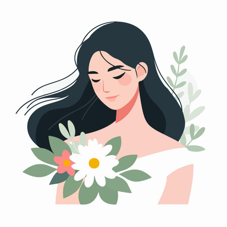 cartoon pretty girl loose hair with flowers in flat design styleのイラスト素材