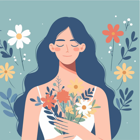 woman with a bunch of florals in a flat design styleのイラスト素材