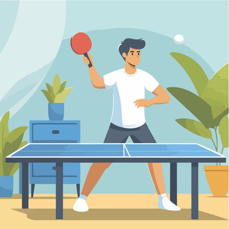 Young boy practicing table tennis in flat design styleのイラスト素材