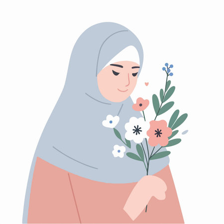 Islamic woman wears hijab with a bunch of flowers in a flat design styleのイラスト素材